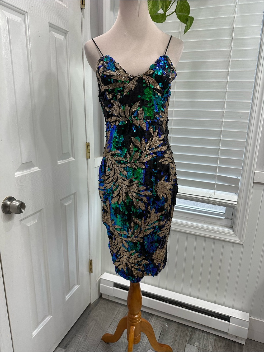Green & Blue Sequin Midi Dress with Gold Leaf Appliqué